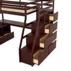 Cama alta de madera doble espresso con cajones, estantes y escritorio
