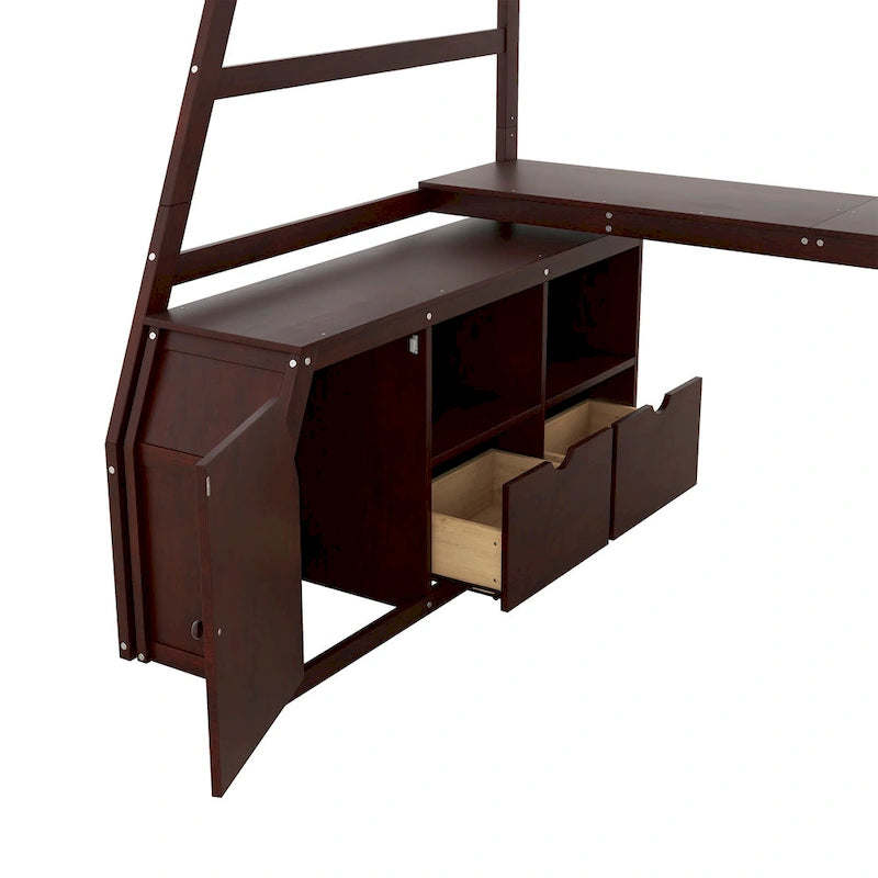 Cama alta de madera doble espresso con cajones, estantes y escritorio
