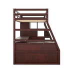Cama alta de madera doble espresso con cajones, estantes y escritorio
