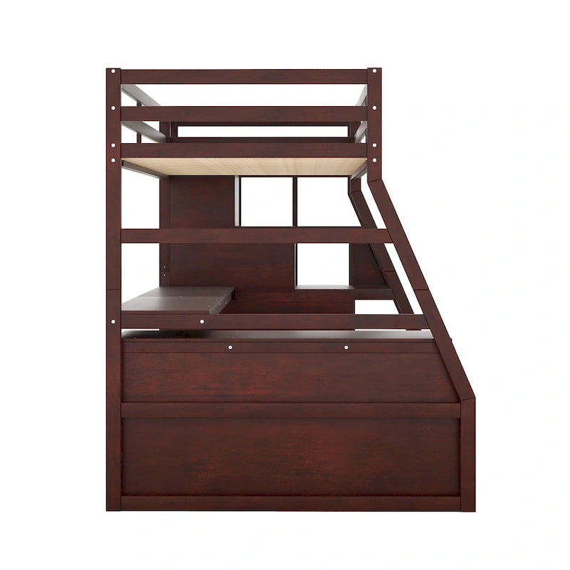 Cama alta de madera doble espresso con cajones, estantes y escritorio
