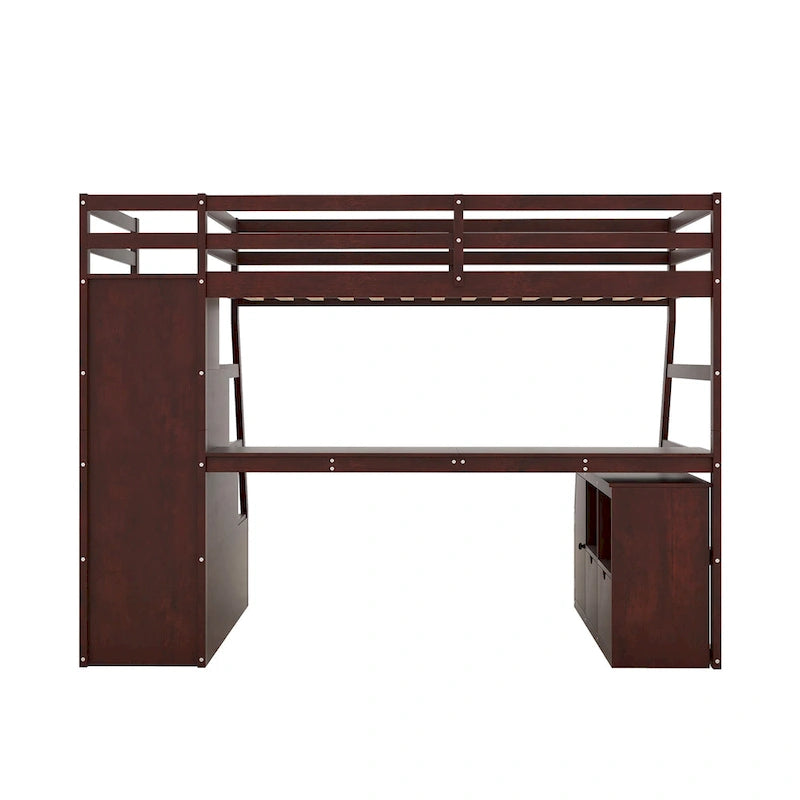 Cama alta de madera doble espresso con cajones, estantes y escritorio