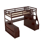 Cama alta de madera doble espresso con cajones, estantes y escritorio