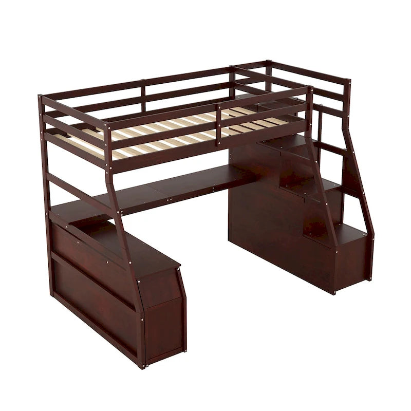 Cama alta de madera doble espresso con cajones, estantes y escritorio