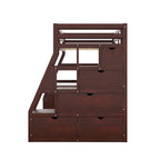 Cama alta de madera doble espresso con cajones, estantes y escritorio