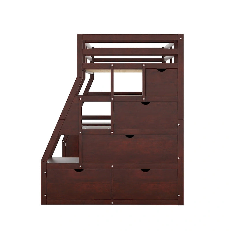 Cama alta de madera doble espresso con cajones, estantes y escritorio