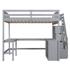 Gray Full Size Pine Wood Loft Bed with L-Shaped Desk and Storage
