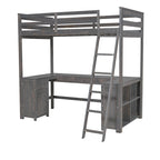 Antique Brown Twin Size Solid Wood Loft Bed with Desk, Blackboard, and Drawers