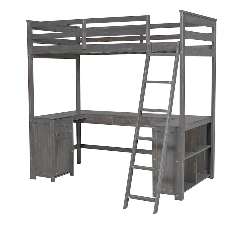 Antique Brown Twin Size Solid Wood Loft Bed with Desk, Blackboard, and Drawers