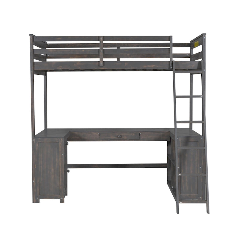 Cama alta de madera maciza color marrón antiguo, tamaño doble, con escritorio, pizarra y cajones