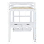 White Full Size Solid Wood Loft Bed with Shelves & LED Light