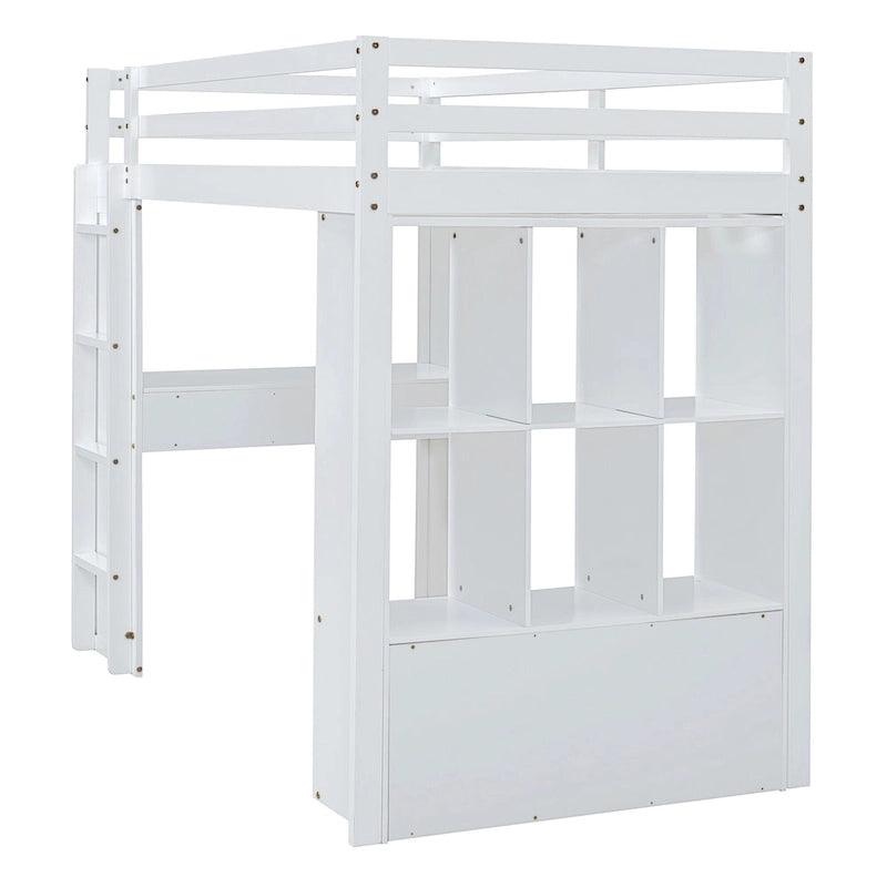 Cama alta de madera maciza blanca de tamaño completo con estantes y luz LED