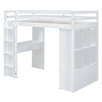 Cama alta de madera maciza blanca de tamaño completo con estantes y luz LED