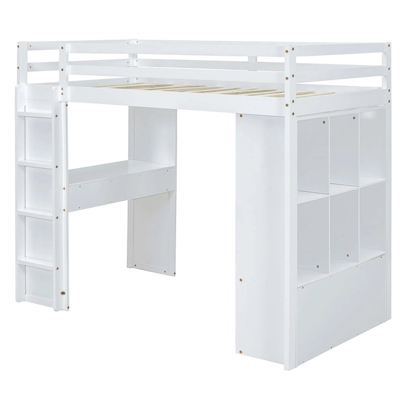 Cama alta de madera maciza blanca de tamaño completo con estantes y luz LED