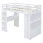 Cama alta de madera maciza blanca de tamaño completo con estantes y luz LED