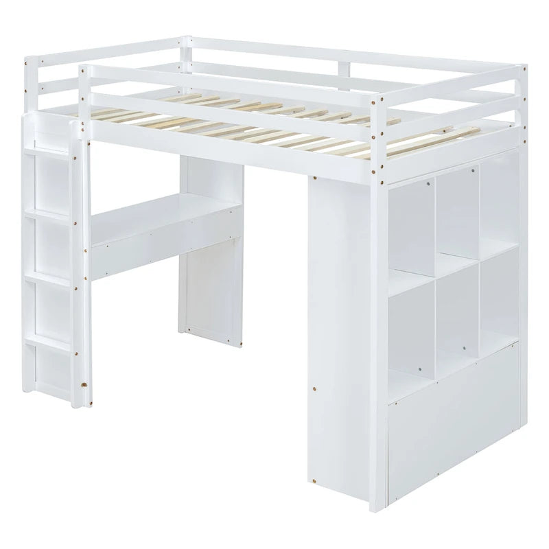 Cama alta de madera maciza blanca de tamaño completo con estantes y luz LED