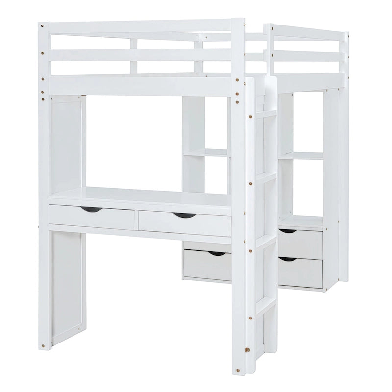 Cama alta de madera maciza blanca de tamaño completo con estantes y luz LED
