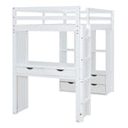 Cama alta de madera maciza blanca de tamaño completo con estantes y luz LED