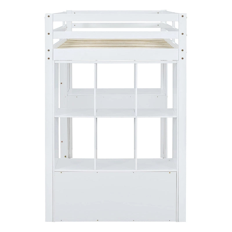 Cama alta de madera maciza blanca de tamaño completo con estantes y luz LED