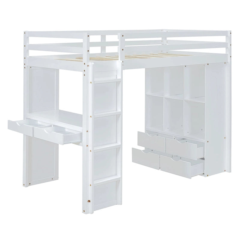 Cama alta de madera maciza blanca de tamaño completo con estantes y luz LED