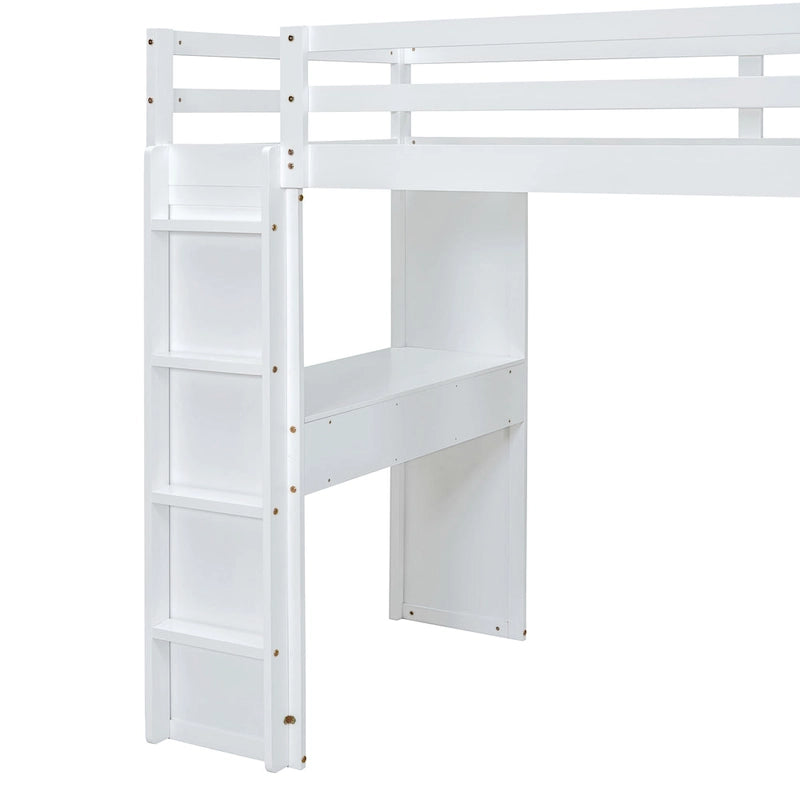 Cama alta de madera maciza blanca de tamaño completo con estantes y luz LED