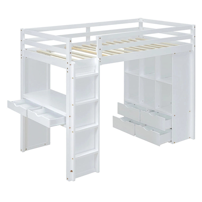 Cama alta de madera maciza blanca de tamaño completo con estantes y luz LED