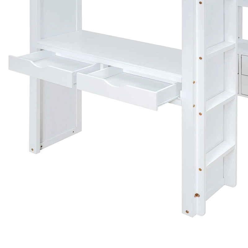 Cama alta de madera maciza blanca de tamaño completo con estantes y luz LED