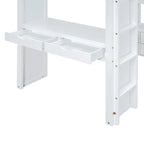 Cama alta de madera maciza blanca de tamaño completo con estantes y luz LED