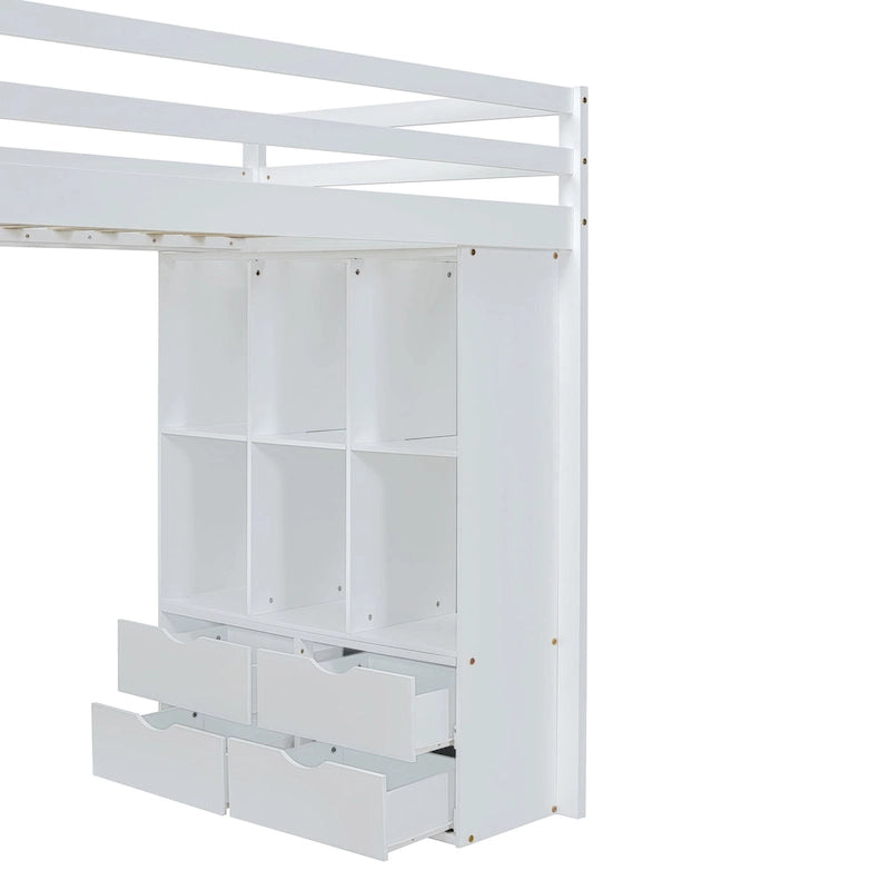 Cama alta de madera maciza blanca de tamaño completo con estantes y luz LED