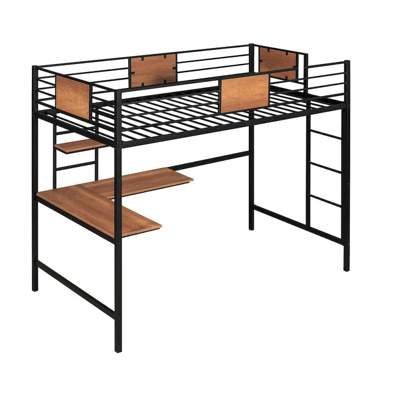 Cama alta doble de metal negra con escritorio y estante