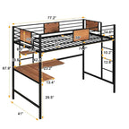 Cama alta doble de metal negra con escritorio y estante