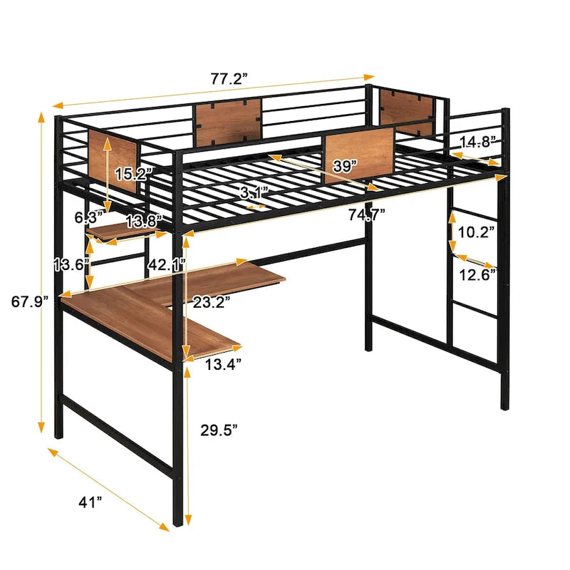 Cama alta doble de metal negra con escritorio y estante