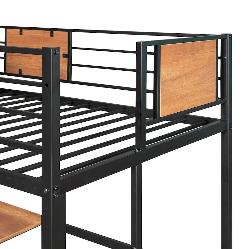 Cama alta doble de metal negra con escritorio y estante