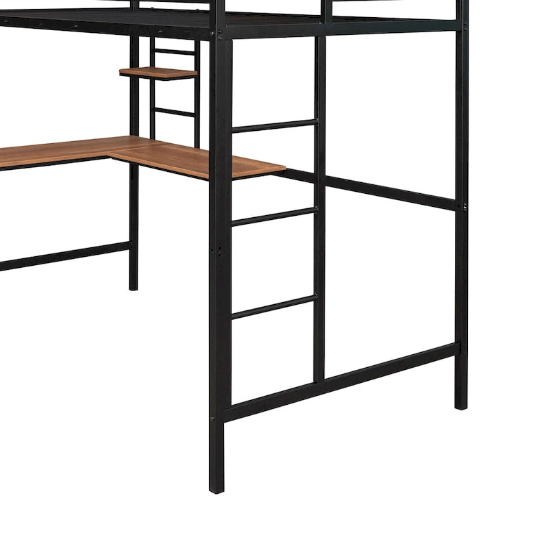 Cama alta doble de metal negra con escritorio y estante