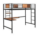 Cama alta doble de metal negra con escritorio y estante