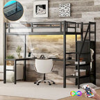Cama tipo loft de metal tamaño Twin XL negra con escritorio en forma de L, USB y LED para niños y adolescentes