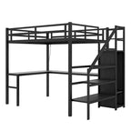 Cama tipo loft de metal tamaño Twin XL negra con escritorio en forma de L, USB y LED para niños y adolescentes
