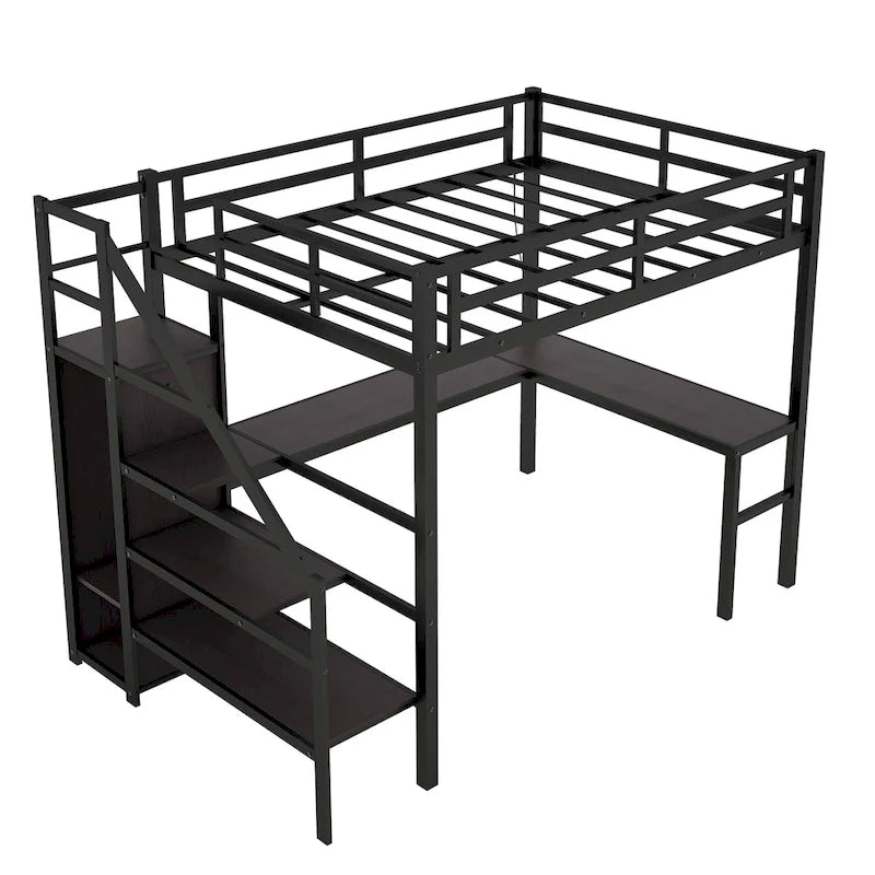 Cama tipo loft de metal tamaño Twin XL negra con escritorio en forma de L, USB y LED para niños y adolescentes
