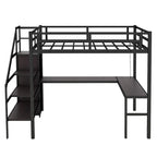Cama tipo loft de metal tamaño Twin XL negra con escritorio en forma de L, USB y LED para niños y adolescentes