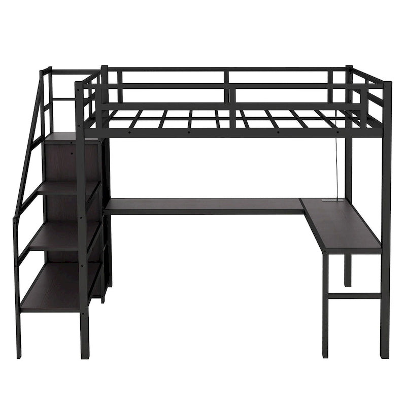 Cama tipo loft de metal tamaño Twin XL negra con escritorio en forma de L, USB y LED para niños y adolescentes