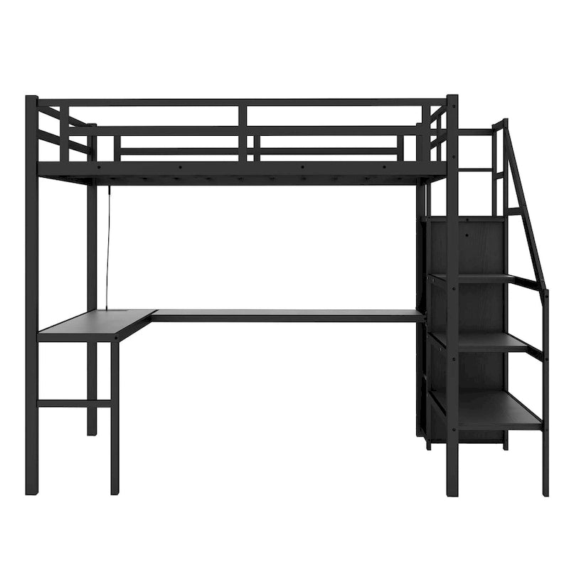 Cama tipo loft de metal tamaño Twin XL negra con escritorio en forma de L, USB y LED para niños y adolescentes
