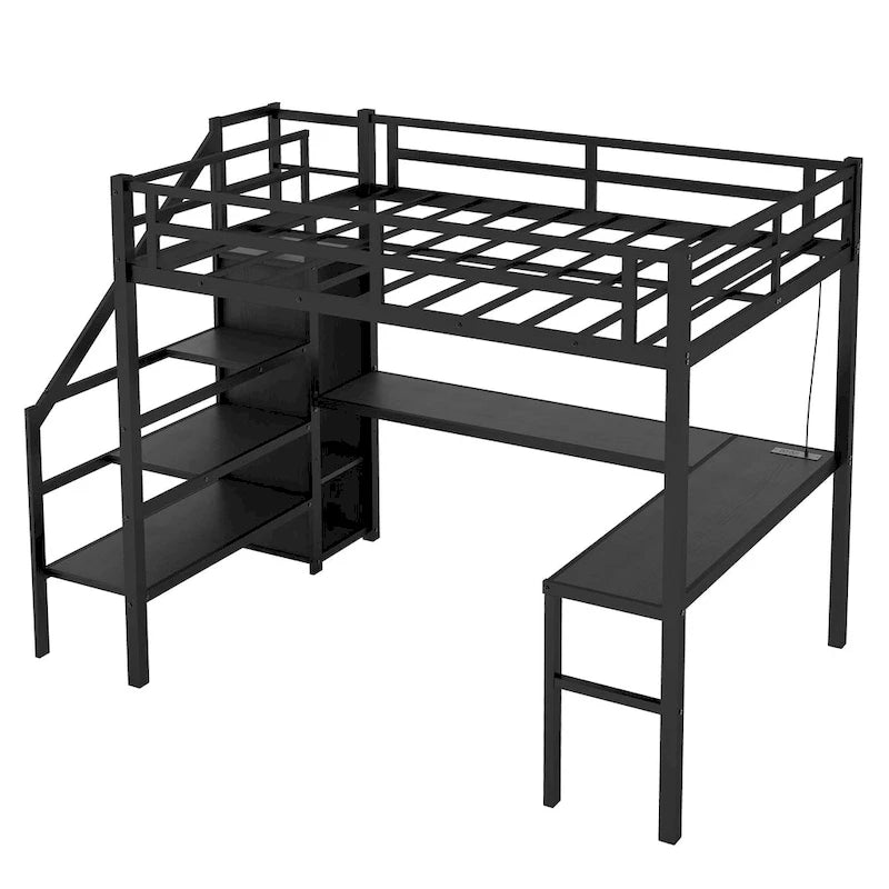 Cama tipo loft de metal tamaño Twin XL negra con escritorio en forma de L, USB y LED para niños y adolescentes