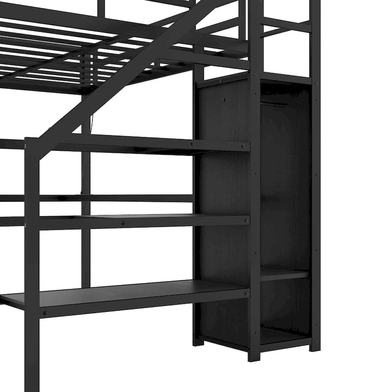 Cama tipo loft de metal tamaño Twin XL negra con escritorio en forma de L, USB y LED para niños y adolescentes