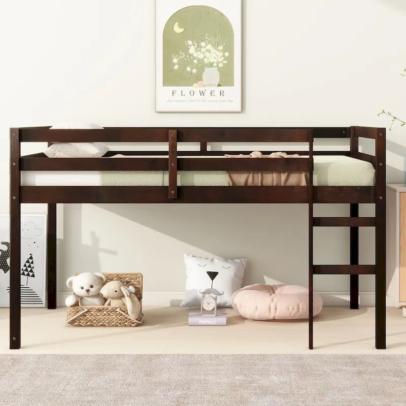 Cama alta de madera de caucho espresso tamaño twin con listones reforzados