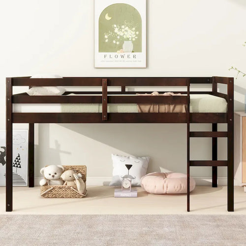 Cama alta de madera de caucho espresso tamaño twin con listones reforzados