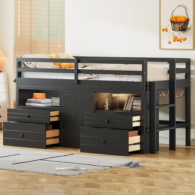Cama alta de madera maciza Espresso Twin con cajones y armario