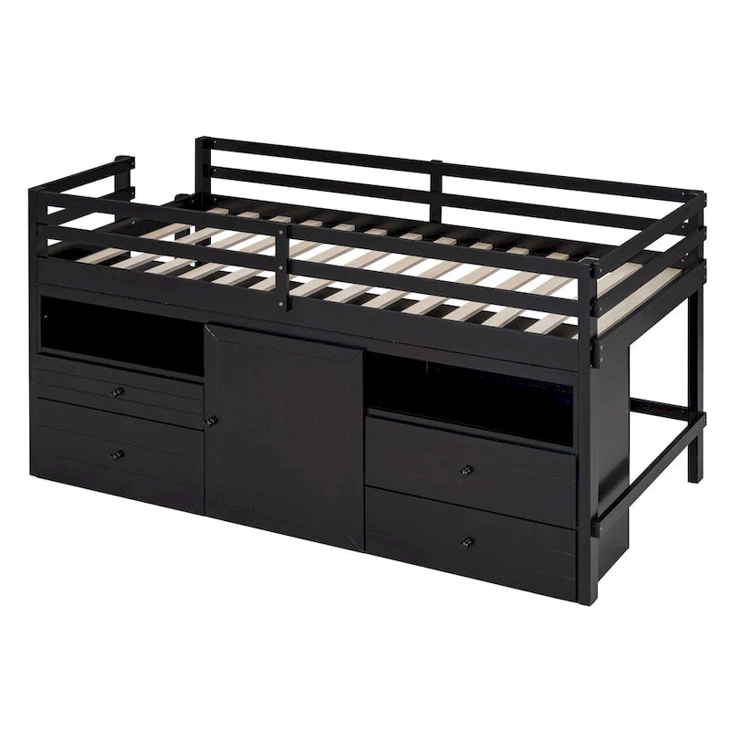Cama alta de madera maciza Espresso Twin con cajones y armario