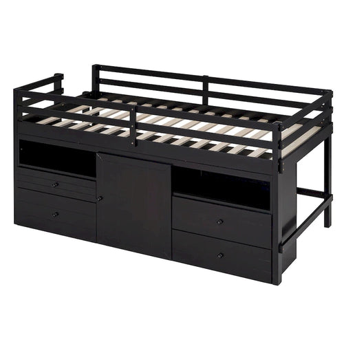 Cama alta de madera maciza Espresso Twin con cajones y armario