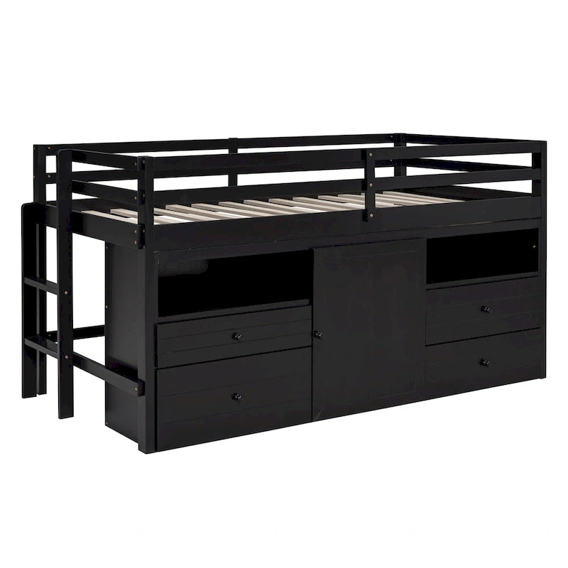 Cama alta de madera maciza Espresso Twin con cajones y armario
