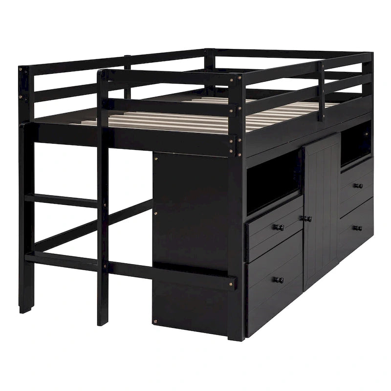 Cama alta de madera maciza Espresso Twin con cajones y armario