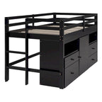 Cama alta de madera maciza Espresso Twin con cajones y armario